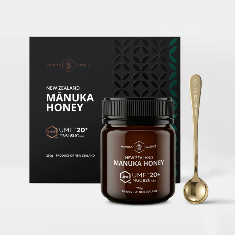 The Manuka Science UMF 20+ Manuka Honey 250g — gift box with amber jar and gold engraved honey spoon, MGO 826+, Product of New Zealand