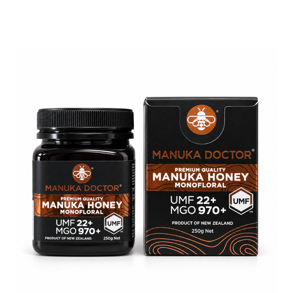 Manuka Doctor UMF 22+ Jar and Box on a white background