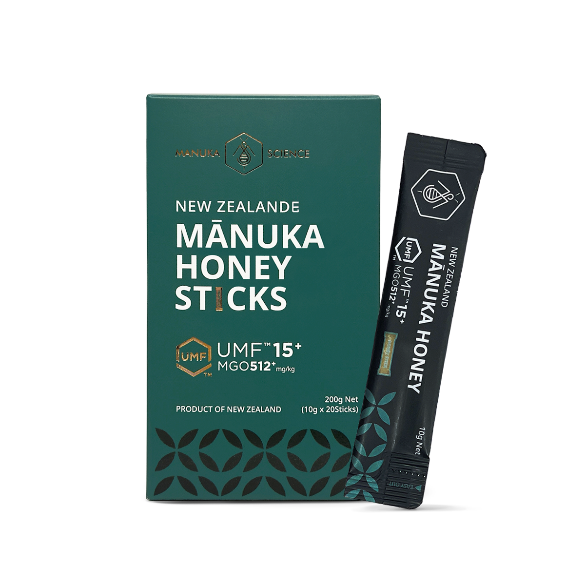 A box of Manuka Honey Sticks alongside a single stick pack, both in dark green and black packaging with white and gold text, on a clean white background.