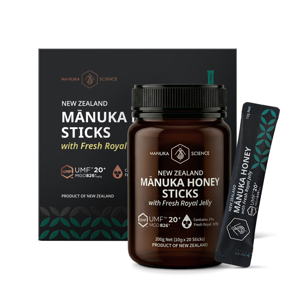 Manuka Science New Zealand Mânuka Sticks honey sticks with Fresh Royal Jelly, featuring a dark amber jar, a black box, and an individual stick pack on a clean white background.