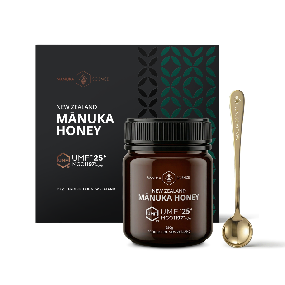 A jar of Manuka Science New Zealand Manuka Honey with a black lid, shown in front of its black and dark green packaging box, with a gold spoon on a white background.