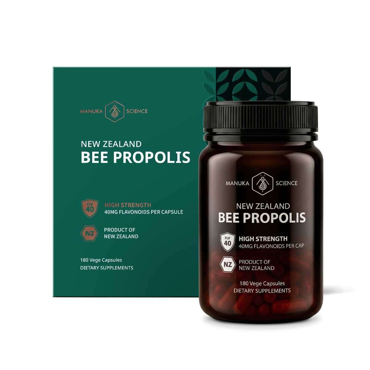A bottle of Manuka Science New Zealand Bee Propolis dietary supplements next to its dark green packaging box, displayed on a clean white background.