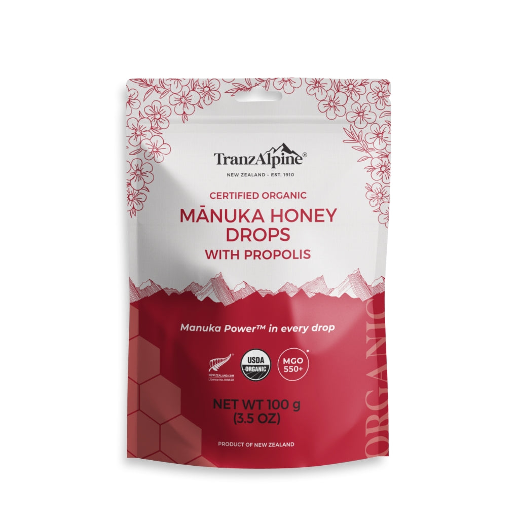 TranzAlpine Organic Manuka Honey drops with propolis front packet