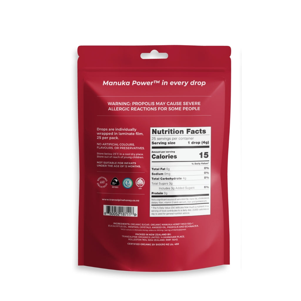 TranzAlpine Organic Manuka Honey drops with propolis back packet