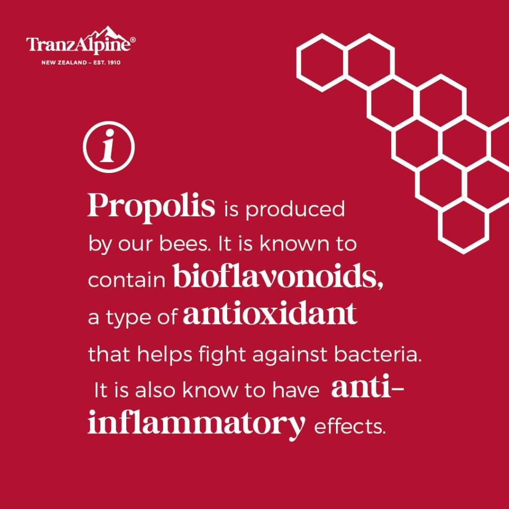 TranzAlpine Organic Manuka Honey drops information about propolis