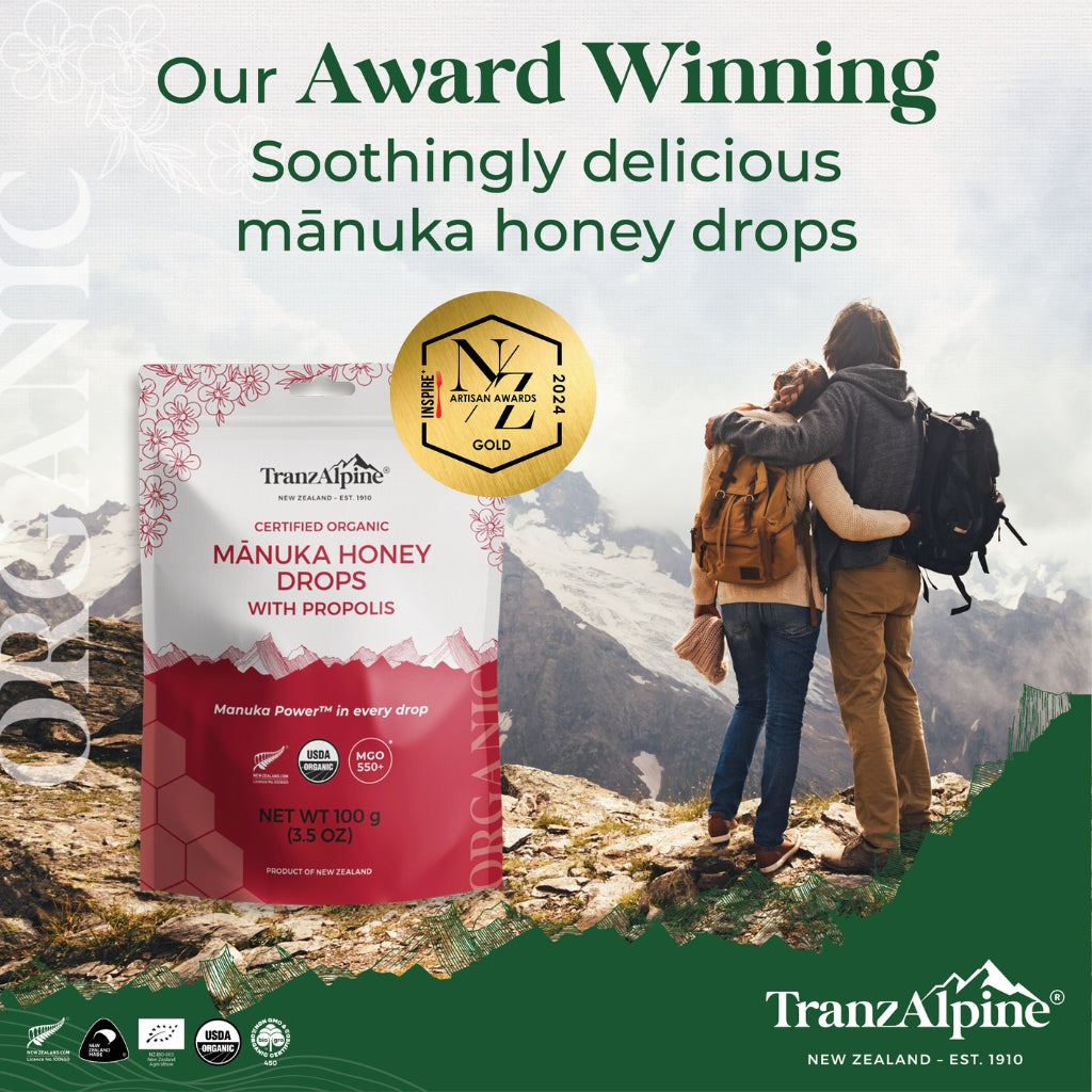 TranzAlpine Organic Manuka Honey drops with propolis award winning