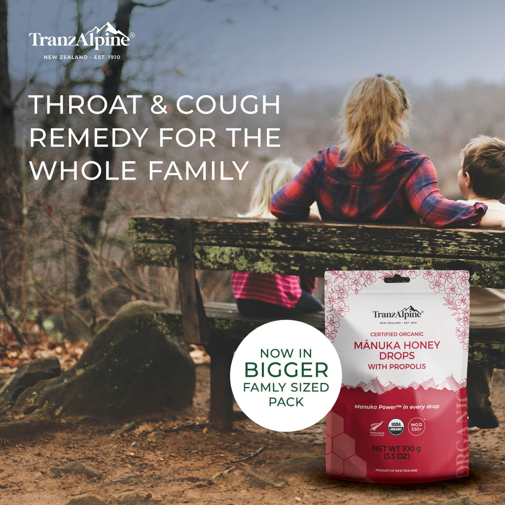 TranzAlpine Organic Manuka Honey drops with propolis for the whole family