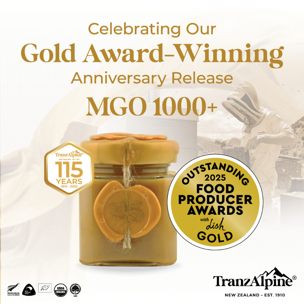 Promotional image for TranzAlpine MGO 1000+ product with gold award text and jar.