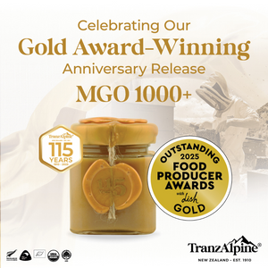 Promotional image for TranzAlpine MGO 1000+ product with gold award text and jar.
