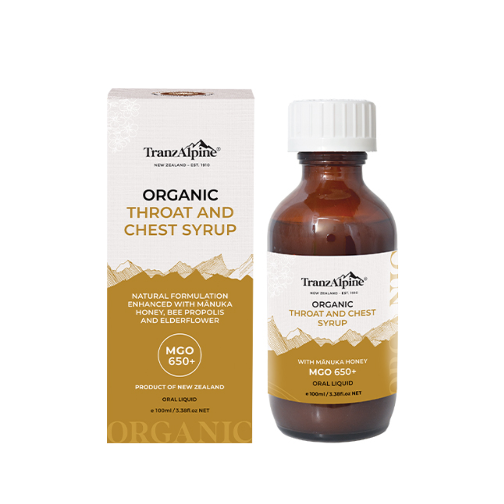 TranzAlpine Organic Throat and Chest Syrup bottle and packaging on a white background
