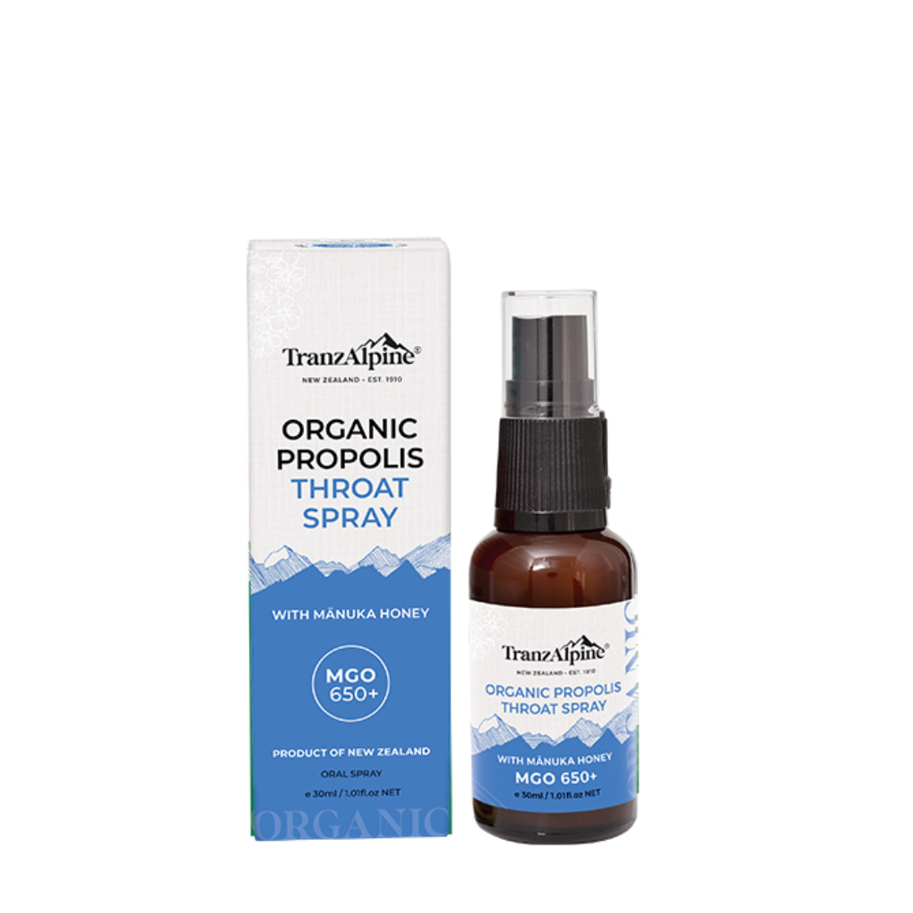Organic Propolis Throat Spray bottle and box on a white background